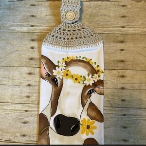 Crochet Top Cow Hanging HandTowel Single Thickness Brown Handmade With Love